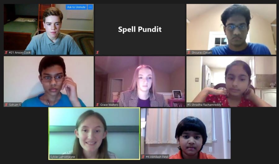 In this screenshot provided by SpellPundit, spellers and organizers of the SpellPundit Online National Spelling Bee participate in semifinals Tuesday night, May 26, 2020. The bee was launched after the Scripps National Spelling Bee was canceled because of the coronavirus pandemic.