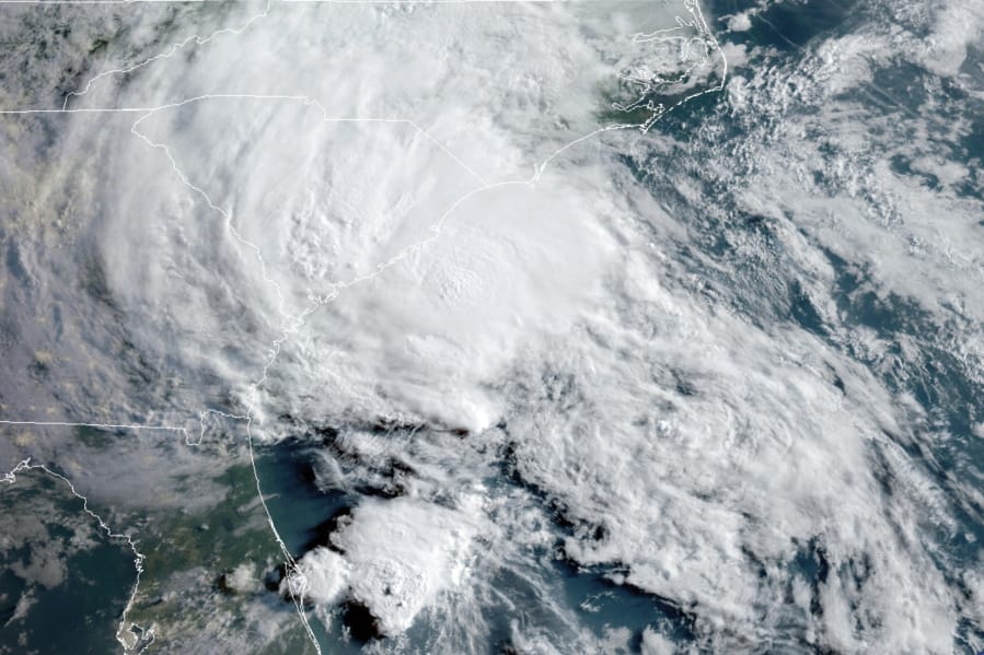This GOES-16 satellite image taken Wednesday, May 27, 2020, at 11:40 UTC and provided by THE National Oceanic and Atmospheric Administration (NOAA), shows Tropical Storm Bertha approaching the South Carolina coast.