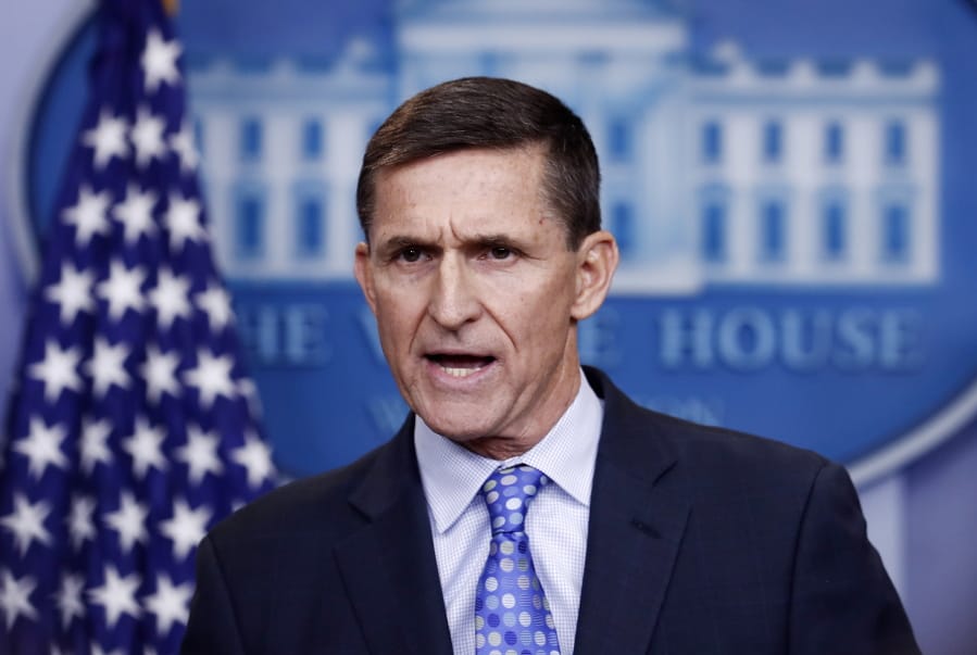 FILE - In this Feb. 1, 2017 file photo, then National Security Adviser Michael Flynn speaks during the daily news briefing at the White House, in Washington.