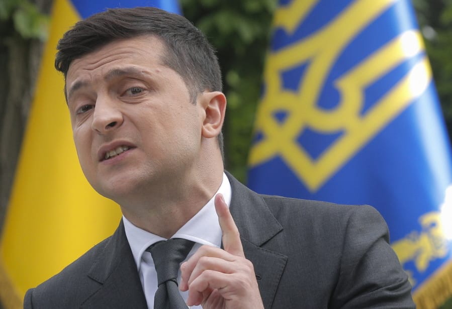 Ukraine&#039;s President Volodymyr Zelenskiy speaks to the media during a news conference in Kyiv, Ukraine, Wednesday, May 20, 2020. At the press conference marking Zelenskiy&#039;s one year in office, the president answered questions about domestic affairs, foreign policy and his main achievements.