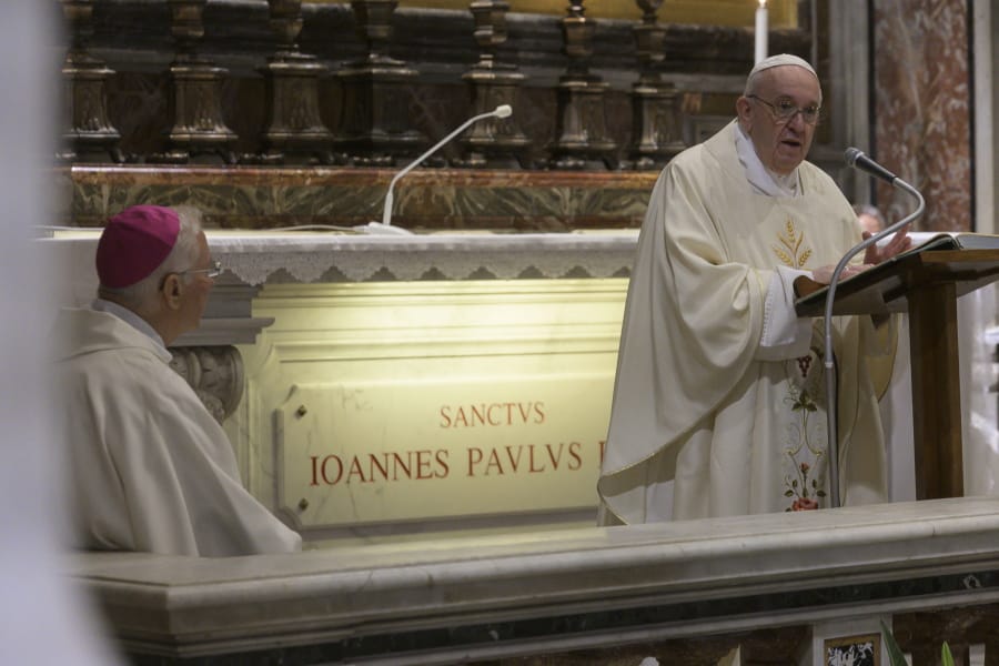 Pope Francis celebrates a Mass for the 100th anniversary of the birth of Pope John Paul II, in St. Peter&#039;s Basilica, at the Vatican Monday, May 18, 2020. The Pope held the morning mass in the chapel where is located the grave of John Paul II.