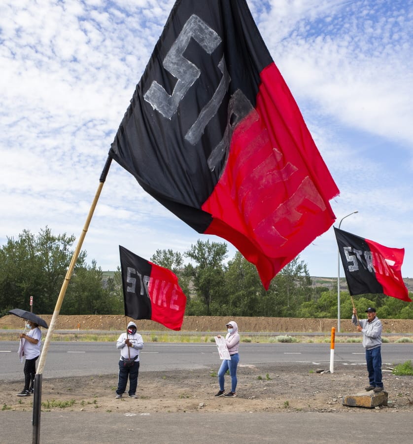 Allan Bros. workers protest along U.S. 12 shortly before coming to an agreement to return to work, Thursday, May 28, 2020, in Naches, Wash., after striking in protest of what they consider unsafe working conditions at several fruit warehouses during the COVID-19 outbreak.