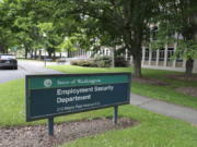 A sign at the headquarters for Washington state&#039;s Employment Security Department Tuesday, May 26, 2020, at the Capitol in Olympia. (AP Photo/Ted S.