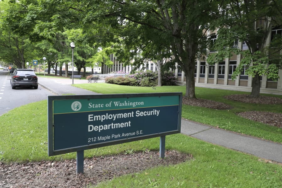A sign at the headquarters for Washington state&#039;s Employment Security Department Tuesday, May 26, 2020, at the Capitol in Olympia. (AP Photo/Ted S.