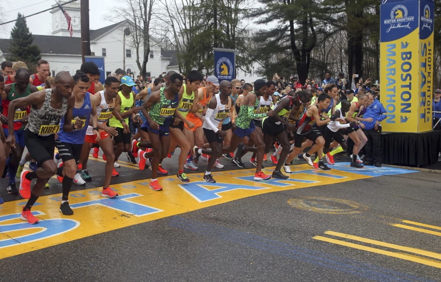 The elite men break from the start of the 123rd Boston Marathon in Hopkinton, Mass., last year. The 2020 Boston Marathon, which was rescheduled to run on Sept. 14th, was canceled Thursday, May 28, 2020 for the first time in its 124-year history due to the COVID-19 virus outbreak.