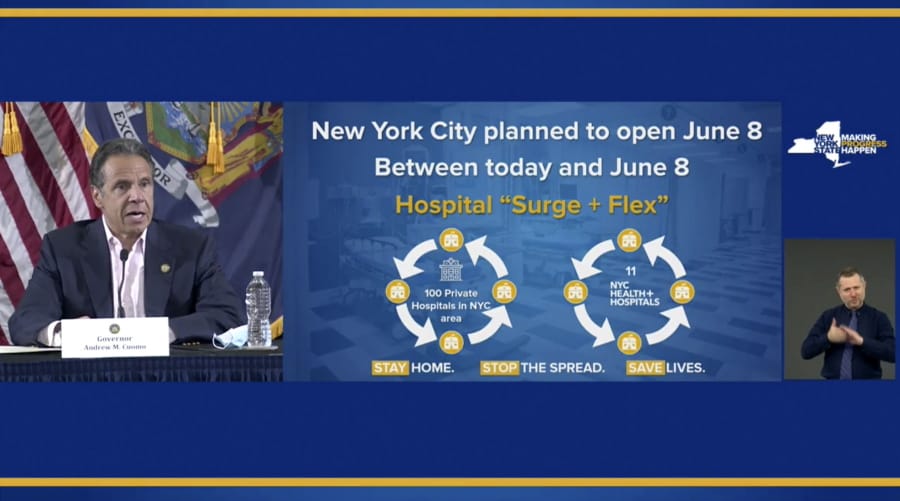 In this image made from video provided by the office of Gov. Andrew M. Cuomo, Gov. Cuomo updates the media on New York&#039;s coronavirus response, Saturday, May 30, 2020 in New York. (Office of Governor Andrew M.