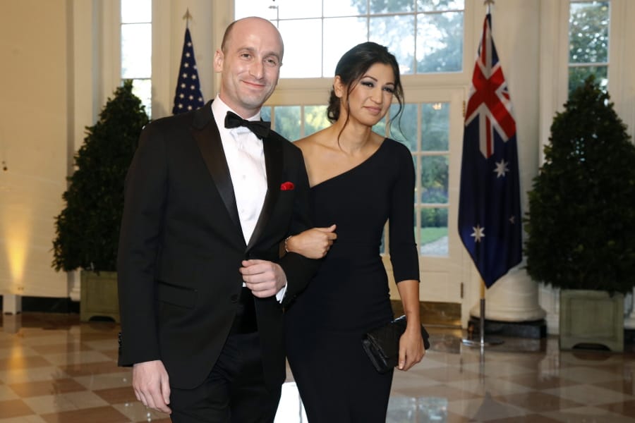 FILE - In this Sept. 20, 2019, file photo President Donald Trump&#039;s White House Senior Adviser Stephen Miller, left, and Katie Waldman, now Miller, arrive for a State Dinner with Australian Prime Minister Scott Morrison and President Donald Trump at the White House in Washington. Vice President Mike Pence&#039;s press secretary has the coronavirus, the White House said Friday, making her the second person who works at the White House complex known to test positive for the virus this week. Pence spokeswoman Katie Miller, who tested positive Friday, May 8, 2020, had been in recent contact with Pence but not with the president.