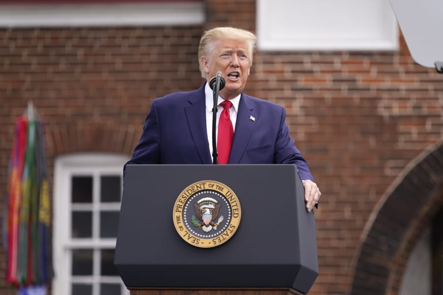 President Donald Trump speaks during a Memorial Day ceremony at Fort McHenry National Monument and Historic Shrine, Monday, May 25, 2020, in Baltimore.
