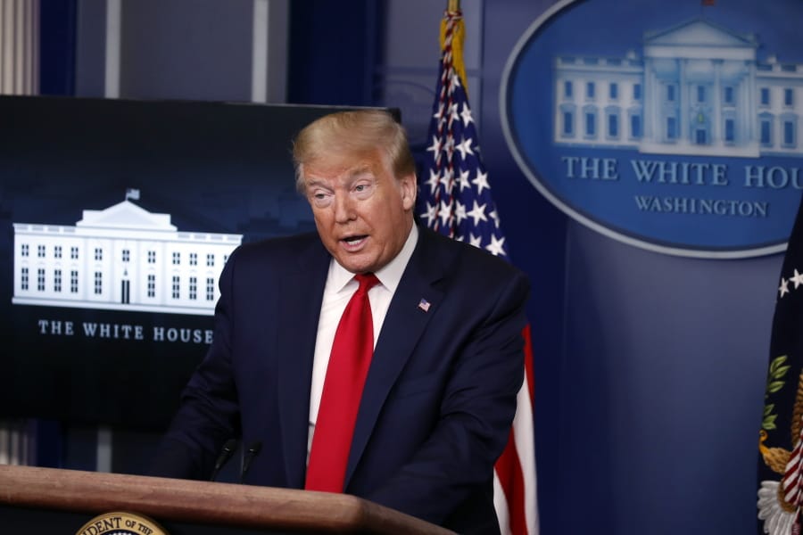 President Donald Trump speaks with reporters about the coronavirus in the James Brady Briefing Room of the White House, Friday, May 22, 2020, in Washington.