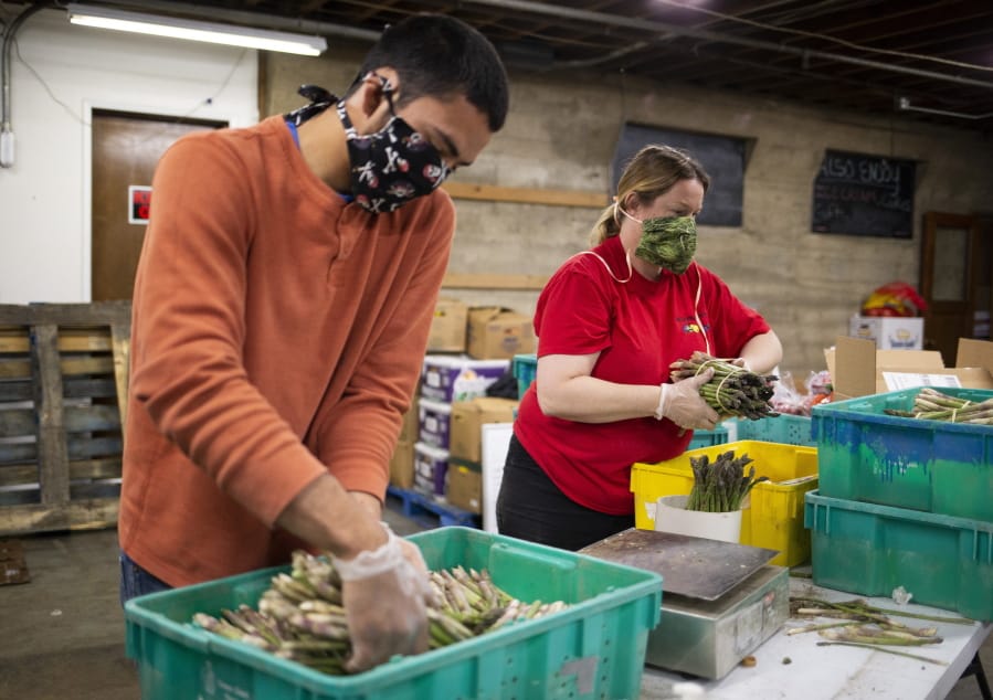FILE - In this April 10, 2020 file photo, Missael Lopez, left, and Laura McIlrath Riel bundle asparagus at McIlrath Family Farm stand in Yakima, Wash., during the coronavirus outbreak.