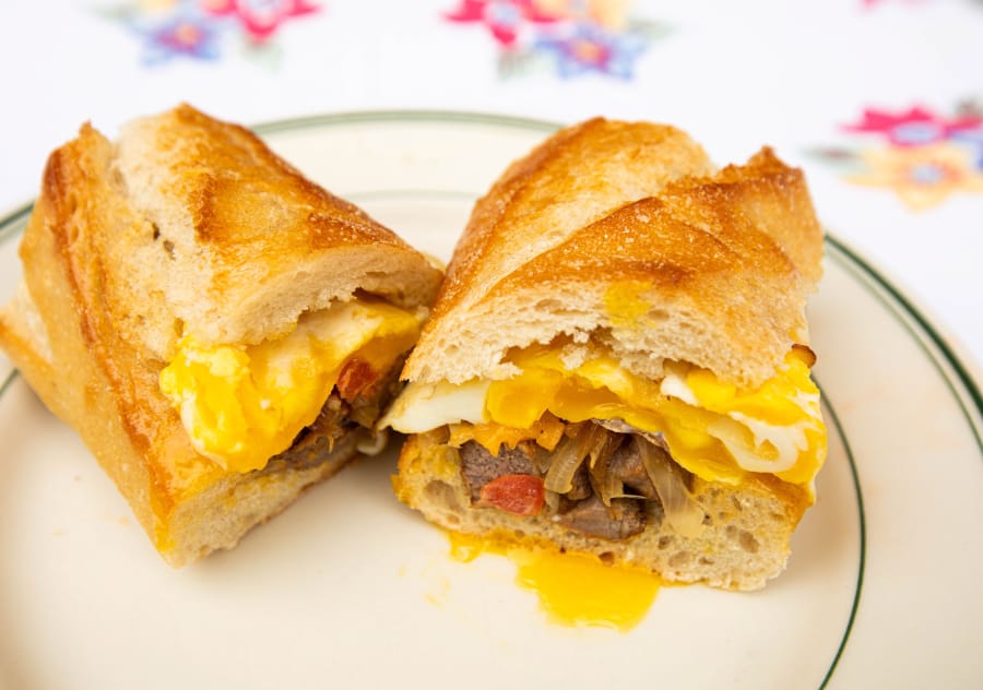 A steak &#039;n&#039; egg baguette is one sandwich idea for breakfast in the morning. (Rachel Ellis/St.