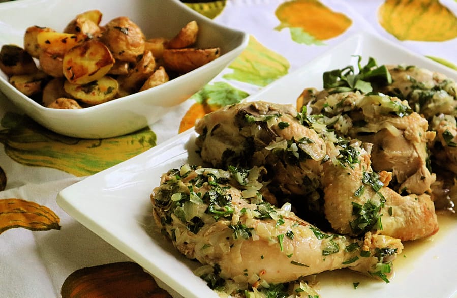 Tarragon, a leafy green herb widely used in French cuisine, pairs especially well with chicken.