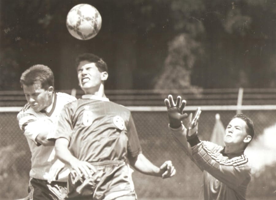 Mountain View&#039;s Damien Schilling (8) heads the ball for a goal in the Thunder&#039;s win over North Thurston during the 1993 Class AAA state playoffs on May 15, 1993.