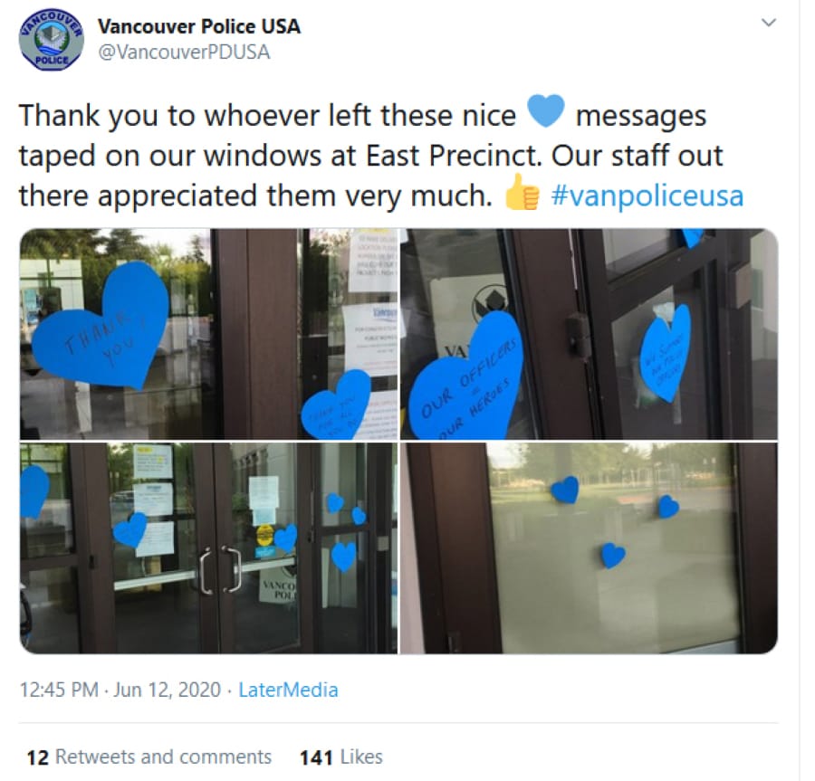 In a June 12 post on Twitter, the Vancouver Police Department thanks community members for leaving words of support in blue hearts outside the department&#039;s east precinct. Community members gathered again Wednesday to honor officers at both precincts. The show of support devolved into controversy afterward, however, when the decorations were removed and an anonymous author on a law enforcement site accused Vancouver Police Chief James McElvain of ordering their removal and calling them divisive.