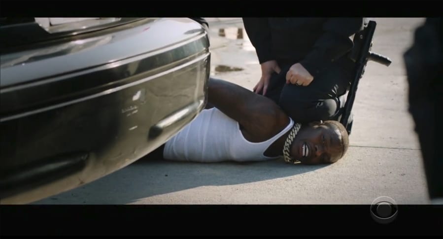 In this video grab issued Sunday, June 28, 2020, by BET, rapper DaBaby performs &quot;Rockstar&quot; as an actor playing a police officer presses his knee on DaBaby&#039;s neck, replicating the last few moments of George Floyd&#039;s life, during the BET Awards.