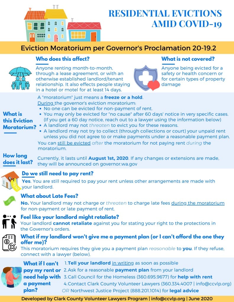 The Clark County Volunteer Lawyers Program created this cheat sheet to help tenants understand the state's eviction moratorium. PDF