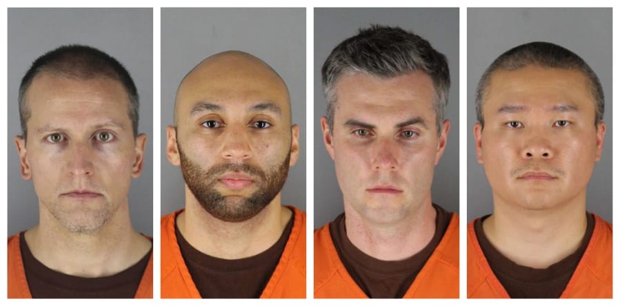This combination of photos provided by the Hennepin County Sheriff&#039;s Office in Minnesota on Wednesday, June 3, 2020, shows Derek Chauvin, from left, J. Alexander Kueng, Thomas Lane and Tou Thao. Chauvin is charged with second-degree murder of George Floyd, a black man who died after being restrained by him and the other Minneapolis police officers on May 25. Kueng, Lane and Thao have been charged with aiding and abetting Chauvin.