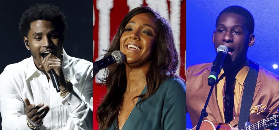 Trey Songz, from left, performs at the BET Awards in Los Angeles on June 25, 2017; Mickey Guyton performs at the PBS American Masters &quot;Patsy Cline&quot; panel at the 2017 Television Critics Association press tour in Pasadena, Calif; and Leon Bridges performs at the 2016 Apollo Theater Spring Gala in New York on June 13, 2016. They are among the artists who have released songs in response to the killings of George Floyd, Ahmaud Arbery and Breonna Taylor.