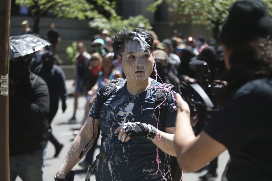 Andy Ngo, a conservative writer, is seen after being attacked by a group of left-wing protesters at a demonstration in Portland on June 29, 2019.