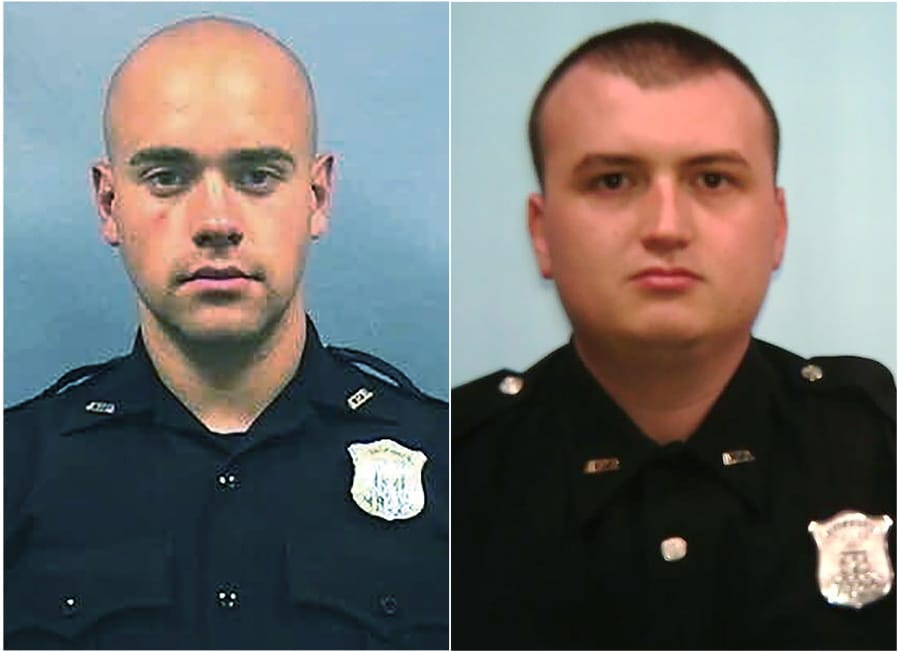This combination of photos provided by the Atlanta Police Department shows Officer Garrett Rolfe, left and Officer Devin Brosnan. Rolfe, who fatally shot Rayshard Brooks in the back after the fleeing man pointed a stun gun in his direction, was charged with felony murder and 10 other charges. Brosnan, who prosecutors say stood on Brooks&#039; shoulder as he struggled for life after a confrontation was charged with aggravated assault.