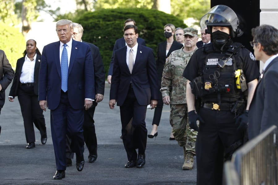 FILE - In this June 1, 2020, file photo President Donald Trump departs the White House to visit outside St. John&#039;s Church in Washington.