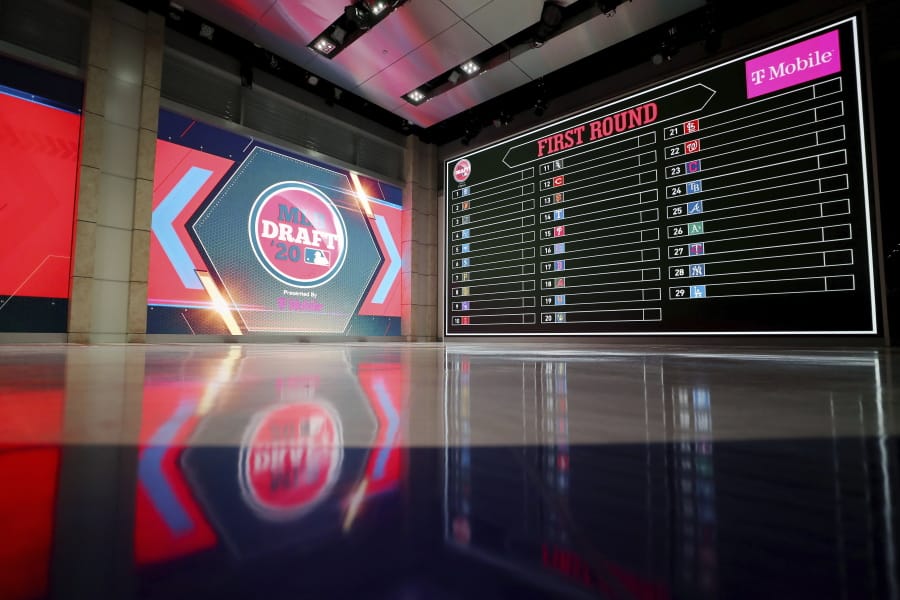 In a photo provided by MLB Photos, the baseball draft board is seen Monday, June 8, 2020 in Secaucus, N.J., for Wednesday&#039;s draft.
