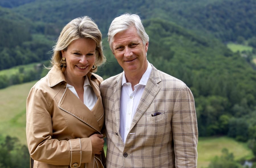 Belgium&#039;s King Philippe and Queen Mathilde pose for a photographer during a royal visit to the Giant&#039;s Tomb in Bouillon, Belgium, Sunday, June 28, 2020.