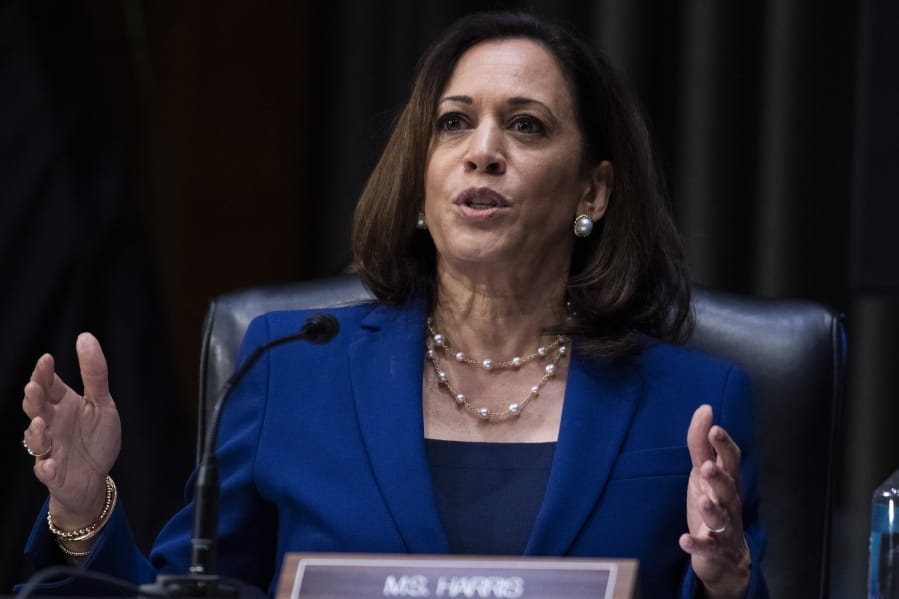 In this June 16, 2020, photo, Sen. Kamala Harris, D-Calif., asks a question during a Senate Judiciary Committee hearing on police use of force and community relations on on Capitol Hill in Washington. Seven months after ending her presidential bid, Harris is at another crossroads moment in her political career.