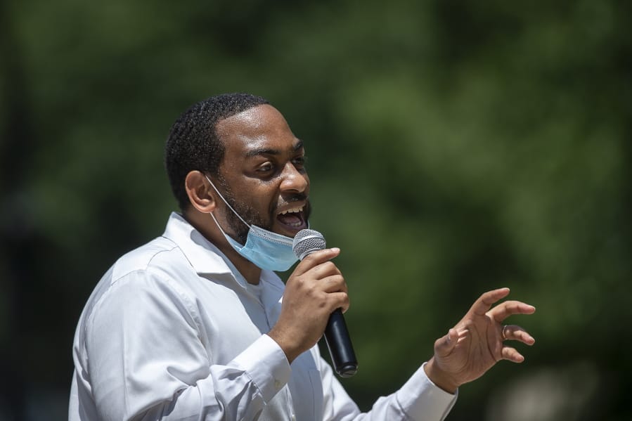 In this June 22, 2020, photo, Senate candidate Charles Booker speaks at a campaign stop at Pikeville City Park in Pikeville, Ky. Yearning for change, a group of progressive Black Democratic congressional hopefuls is rushing toward the national stage, igniting rank-and-file enthusiasm in a party dominated by aging white leaders. (Ryan C.