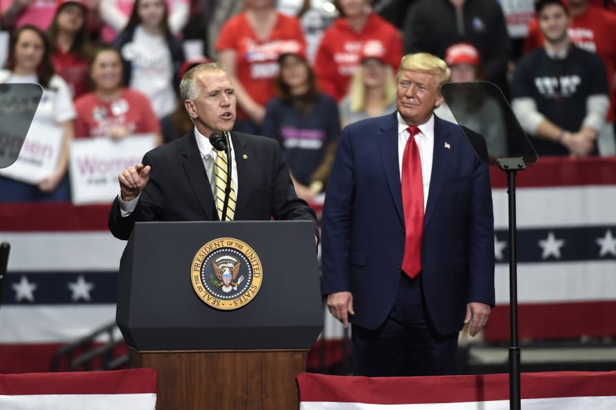 FILE - In this March 2, 2020, file photo Sen. Thom Tillis, R-N.C., speaks during a campaign rally for President Donald Trump in Charlotte, N.C. Tillis, facing a competitive North Carolina reelection contest, &quot;is looking forward to campaigning&quot; with Trump, Tillis&#039; spokesperson said.