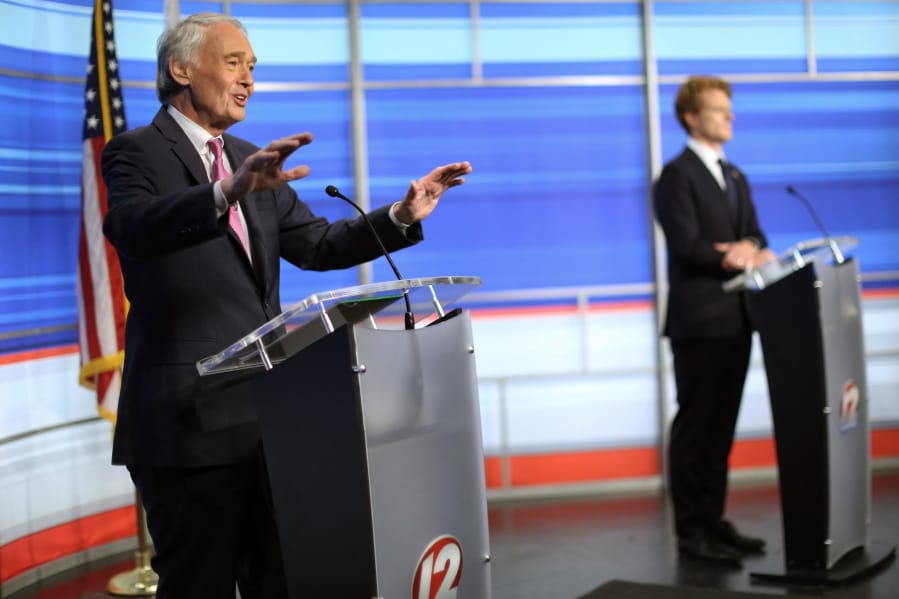 FILE -- In this June 8, 2020, file photo, Sen. Edward Markey, left, D-Mass., and challenger Rep. Joseph Kennedy III, D-Mass., participate in a televised debate ahead of the Democratic primary, in East Providence, R.I. During the coronavirus pandemic, Markey missed 34 of 42 Senate votes in May and the first half of June, or about 80 percent, according to information from GovTrack, an independent clearinghouse for congressional data.