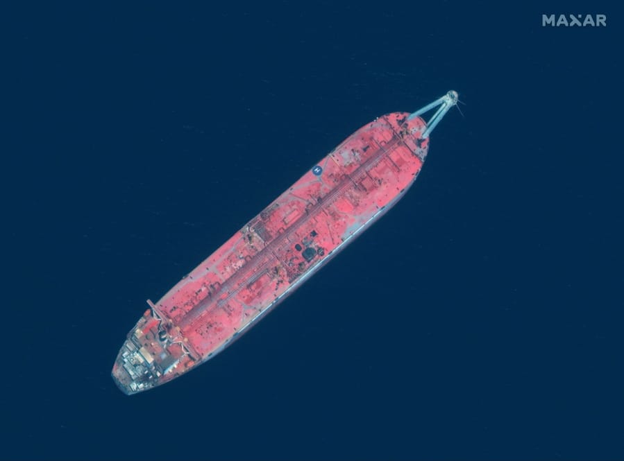 This satellite image provided by Manar Technologies taken June 17, 2020, shows the FSO Safer tanker moored off Ras Issa port, in Yemen. Houthi rebels are blocking the United Nations from inspecting the abandoned oil tanker loaded with more than one million barrels of crude oil. UN officials and experts fear the tanker could explode or leak, causing massive environmental damage to Red Sea marine life.