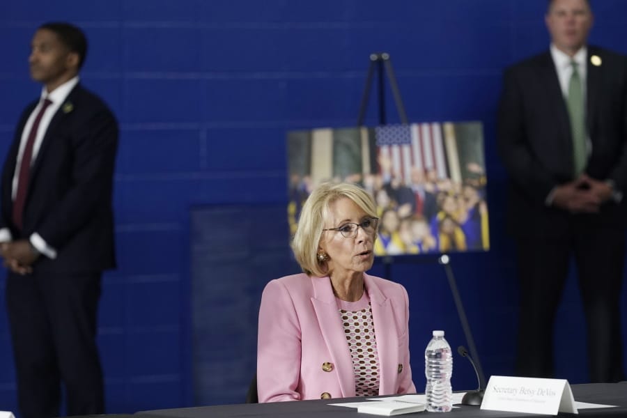 Education Secretary Betsy DeVos participates in a roundtable event at Waukesha STEM Academy Tuesday, June 23, 2020, in Waukesha, Wis.