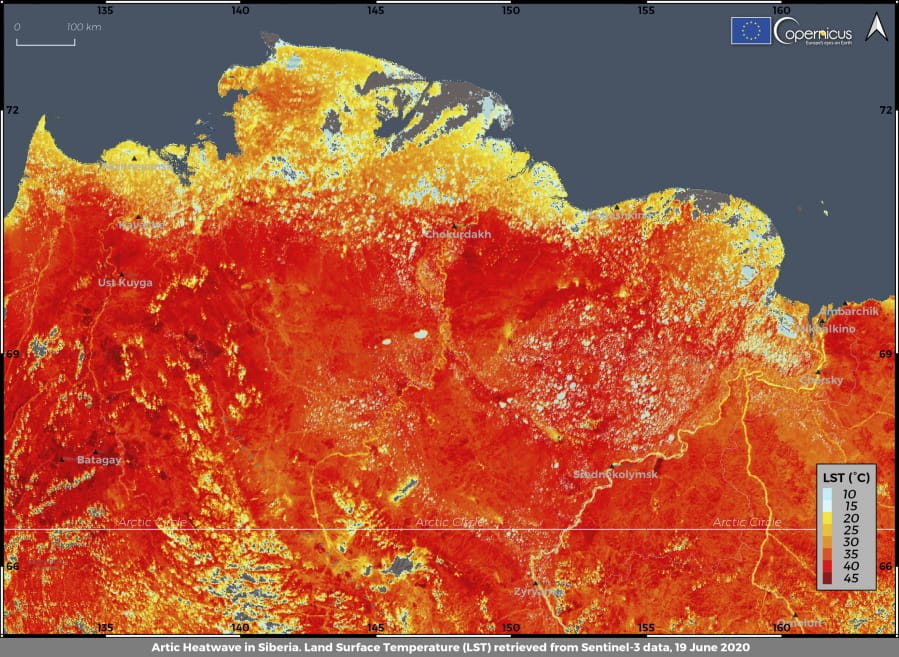 This photo taken on Friday, June 19, 2020 and provided by ECMWF Copernicus Climate Change Service shows the land surface temperature in the Siberia region of Russia. A record-breaking temperature of 38 degrees Celsius (100.4 degrees Fahrenheit) was registered in the Arctic town of Verkhoyansk on Saturday, June 20 in a prolonged heatwave that has alarmed scientists around the world.