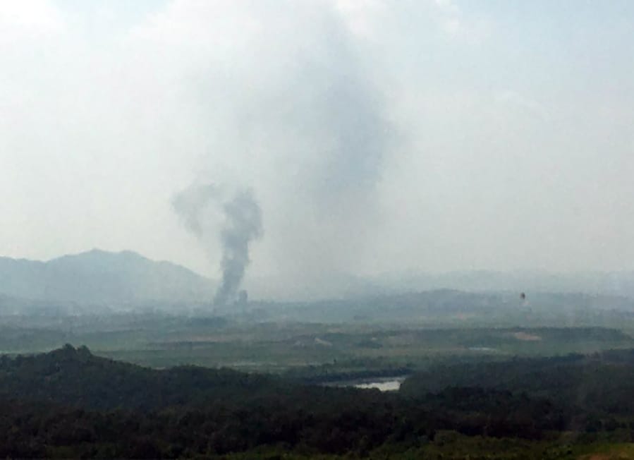 Smoke rises in the North Korean border town of Kaesong, seen from Paju, South Korea, Tuesday, June 16, 2020. South Korea says that North Korea has exploded an inter-Korean liaison office building just north of the tense Korean border.