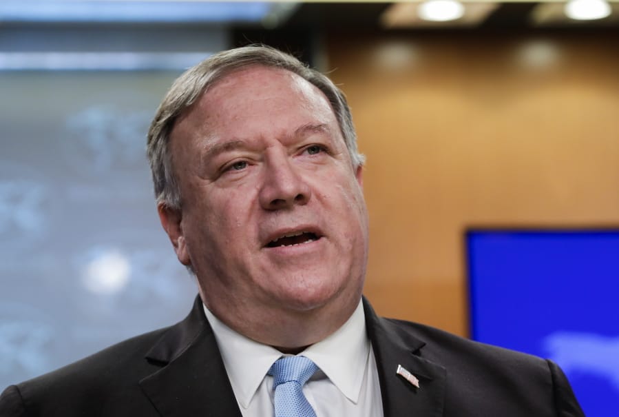 FILE - In this June 11, 2020, file photo, Secretary of State Mike Pompeo speaks at the State Department in Washington. The Trump administration is ramping up pressure on Syrian President Bashar Assad and his inner circle with a raft of new economic and travel sanctions for human rights abuses.