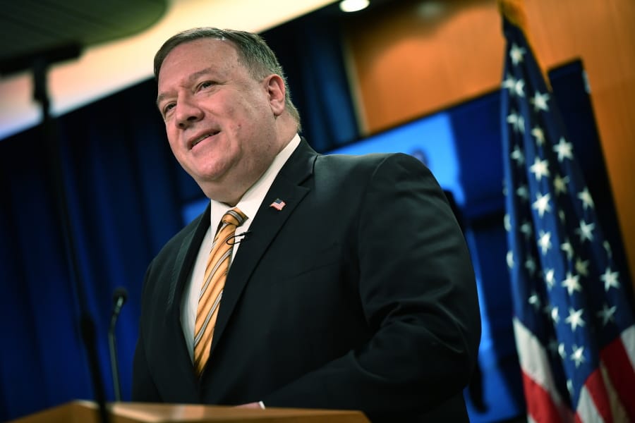 FILE - In this Wednesday, June 24, 2020 file photo, US Secretary of State Mike Pompeo speaks during a news conference at the State Department in Washington. On Tuesday, June 30, 2020, Pompeo and Iran&#039;s Foreign Minister Mohammed Javad Zarif are scheduled to address a U.N. Security Council meeting on implementation of the 2015 Iran nuclear deal that the Trump administration pulled out of as tensions between the two countries escalate. Tuesday&#039;s long-scheduled council meeting comes a day after Iran issued an arrest warrant for President Donald Trump and dozens of others for alleged involvement in the killing of an Iranian general. A key issue at Tuesday&#039;s meeting is expected to be U.S. opposition to the lifting of a U.N. arms embargo on Iran in October.