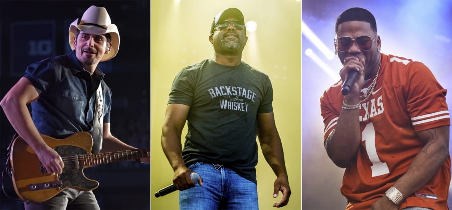 This combination photo shows, from left, Brad Paisley, Darius Rucker and rapper Nelly, who will participate in Live Nation&#039;s &quot;Live from the Drive-In,&quot; concert series taking place July 10-12.
