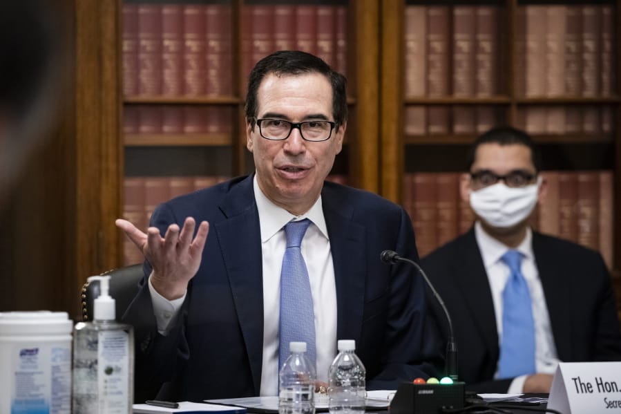 Treasury Secretary Steven Mnuchin speaks during a Senate Small Business and Entrepreneurship hearing to examine implementation of Title I of the CARES Act, Wednesday, June 10, 2020 on Capitol Hill in Washington.