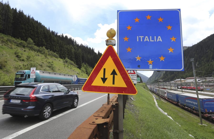 A car from Germany drives from Austrian to Italy at the Brenner Pass boarder crossing, Italy, Wednesday, June 3, 2020. Italy opened its borders to the citizens of the EU and Switzerland this June 3, following a Coronavirus lockdown with closed boarders and traveling restrictions.