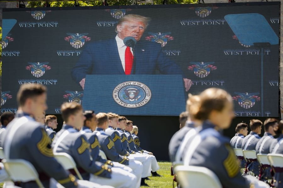 President Donald Trump speaks to United States Military Academy graduating cadets during commencement ceremonies, Saturday, June 13, 2020, in West Point, N.Y. Trump&#039;s commencement speech to the 1,100 graduating cadets during a global pandemic comes as arguments rage over his threat to use American troops on U.S. soil to quell protests stemming from the killing of George Floyd by a Minneapolis police officer.