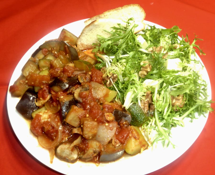 Simple Ratatouille (Sauteed Provencal Vegetables) with French Frisee Salad.