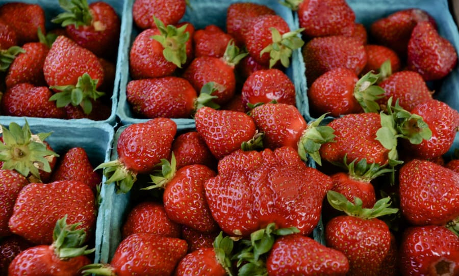 This seasons strawberries at the Farmers Market in Vancouver, Wa., Sunday June 4, 2017.