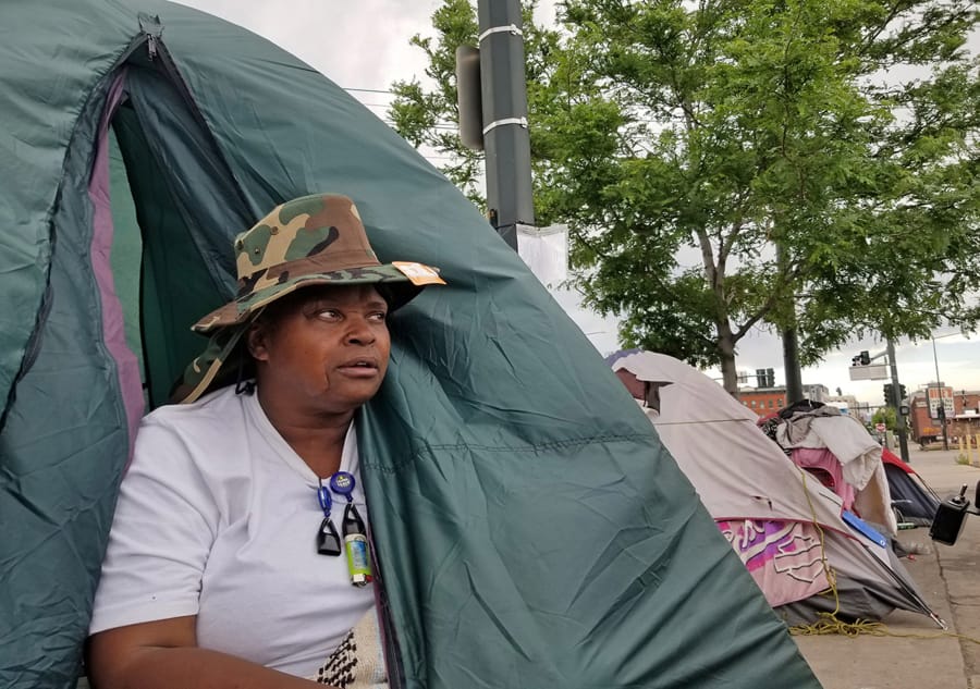 Melody Lewis moved to the streets of Denver about six years ago. In late April and early May, Lewis and hundreds of other people who are homeless were displaced from sprawling, blocks-long encampments. She refused to go to a shelter, in part because of the threat of COVID-19.