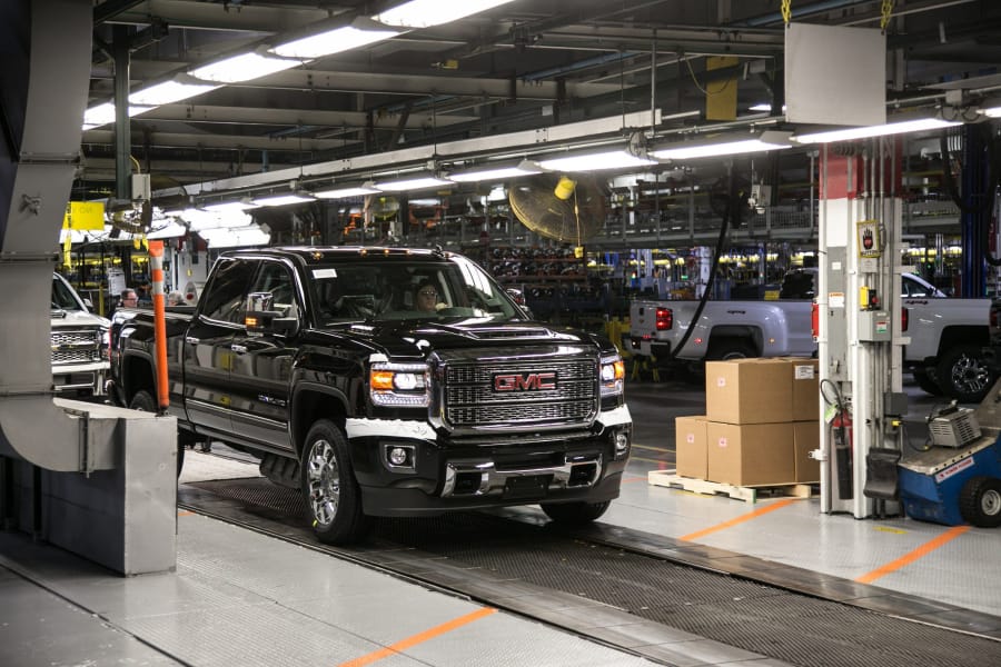 A GMC Denali HD pulls out for final testing at the General Assembly building at General Motors Flint Assembly in Flint on Feb. 5, 2019.