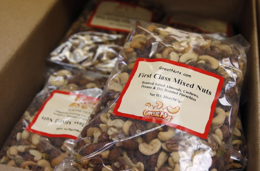 Detail of the First Class Mixed Nuts for sale at GNS Foods in Arlington, Texas on Tuesday, July 28, 2020. GNS Foods sold 12 million pounds of nuts to airlines last year that were dished out warm as a premium service to first class customers, particularly American Airlines. Sales to airlines has dropped dramatically due to the stoppage of serving nuts due to the COVID-19 pandemic.