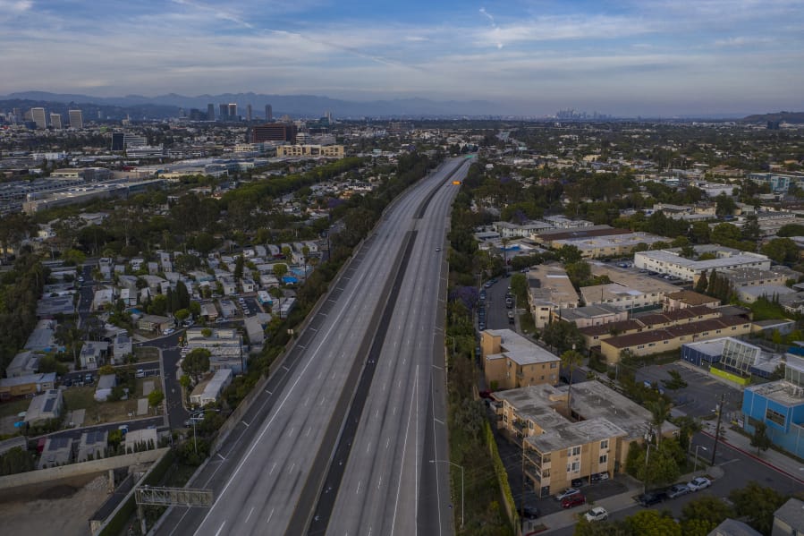 A drone aerial view shows an empty Interstate 10 freeway after all westbound traffic toward Santa Monica, California, was shut down due to rioting and an emergency curfew during demonstrations on May 31, 2020.