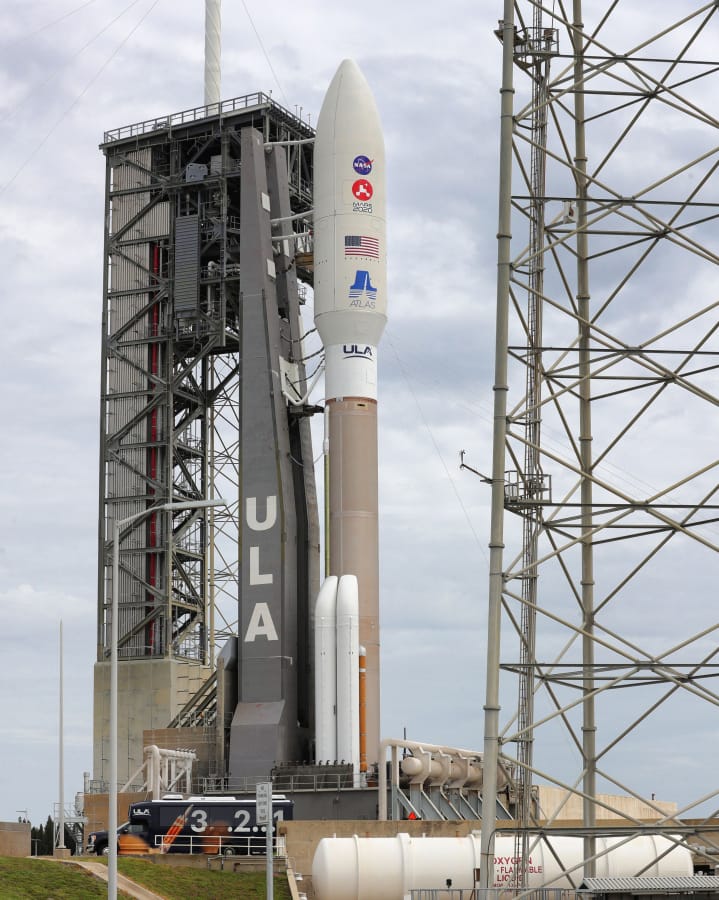 The United Launch Alliance Atlas 5 rocket carrying the Mars2020 rover sits on the pad at Launch Complex 41 at Cape Canaveral Air Force Station, Fla., Wednesday, July 29, 2020. NASA&#039;s Mars2020 &#039;Perseverance&#039; rover mission is scheduled to launch Thursday morning.