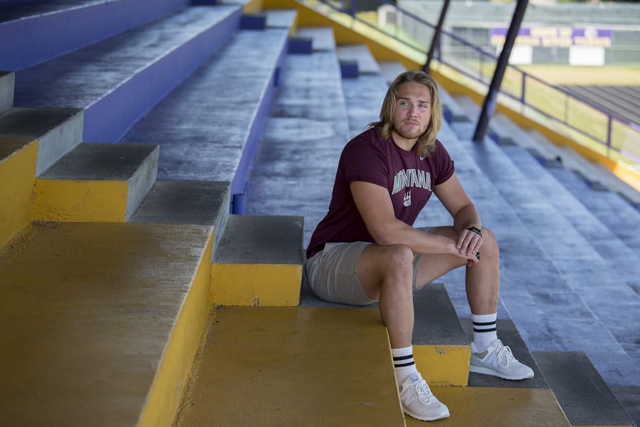 Beau Braden, a 2018 Columbia River High graduate, is pictured in his school's grandstands on Thursday afternoon, June 25, 2020. Beau played two seasons of football at Washington State University, but recently transferred to Montana. One of the reasons for the transfer is to honor the late Hunter Pearson, a friend and football teammate who died in 2017.