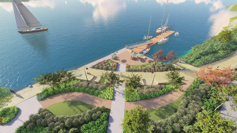 Concept art shows the future Rotary Way walkway through the Vancouver Landing site at Terminal 1. The walkway is the wider, lighter pathway that passes diagonally through the western end of the pier.